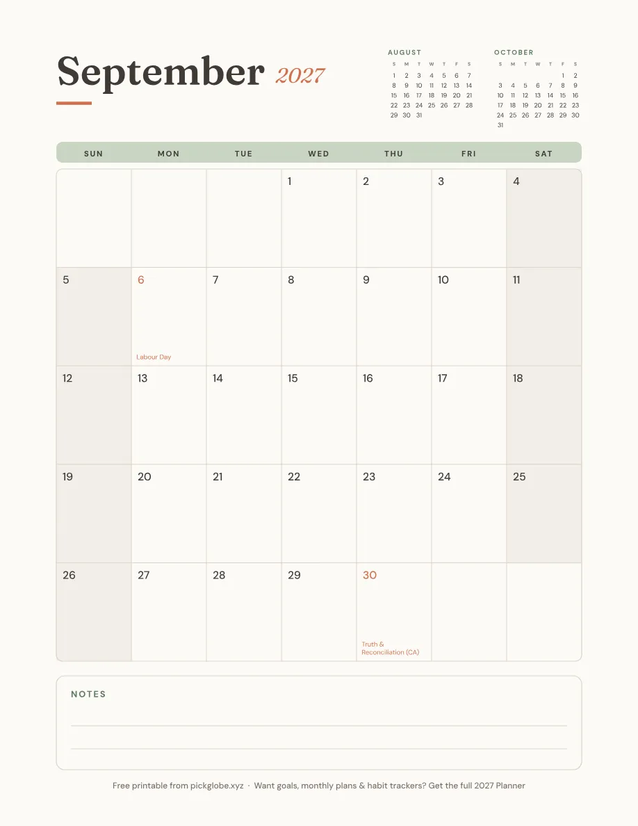 Free printable September 2027 calendar