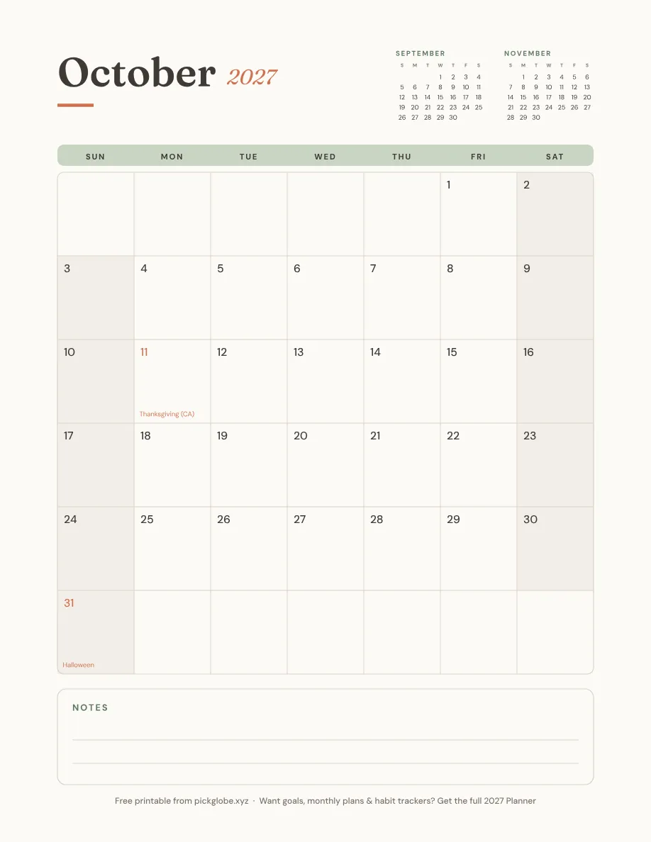 Free printable October 2027 calendar