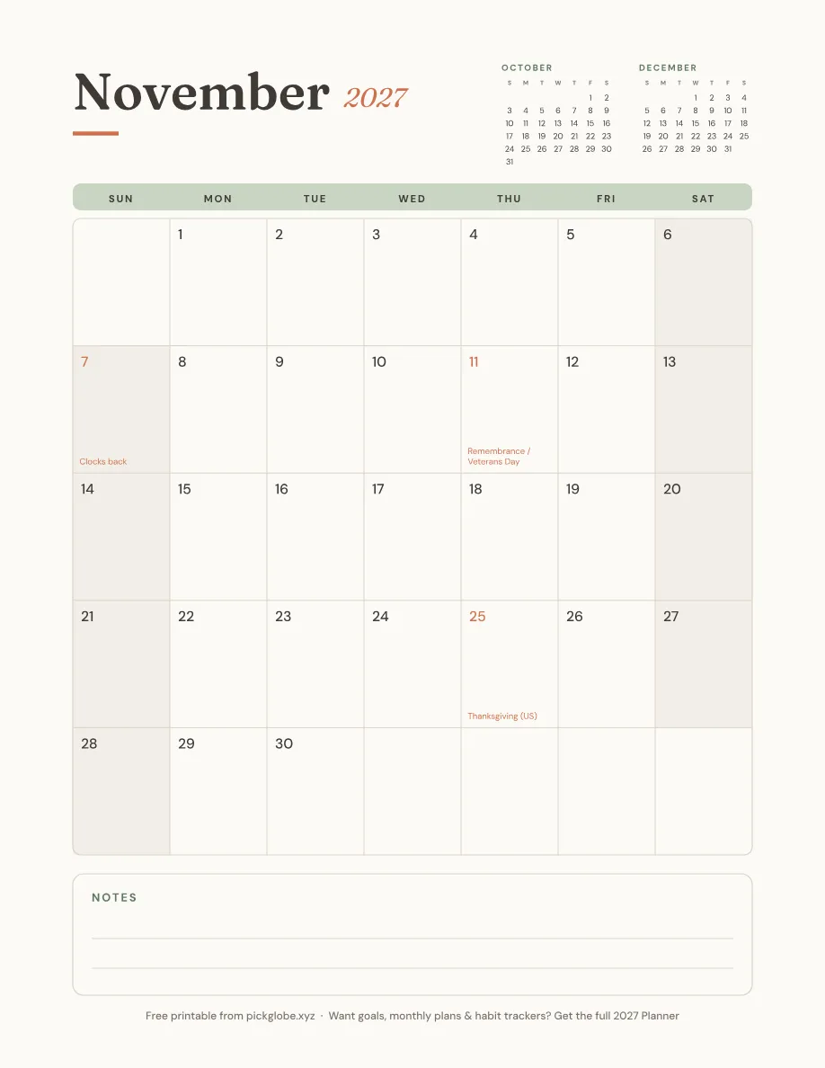 Free printable November 2027 calendar