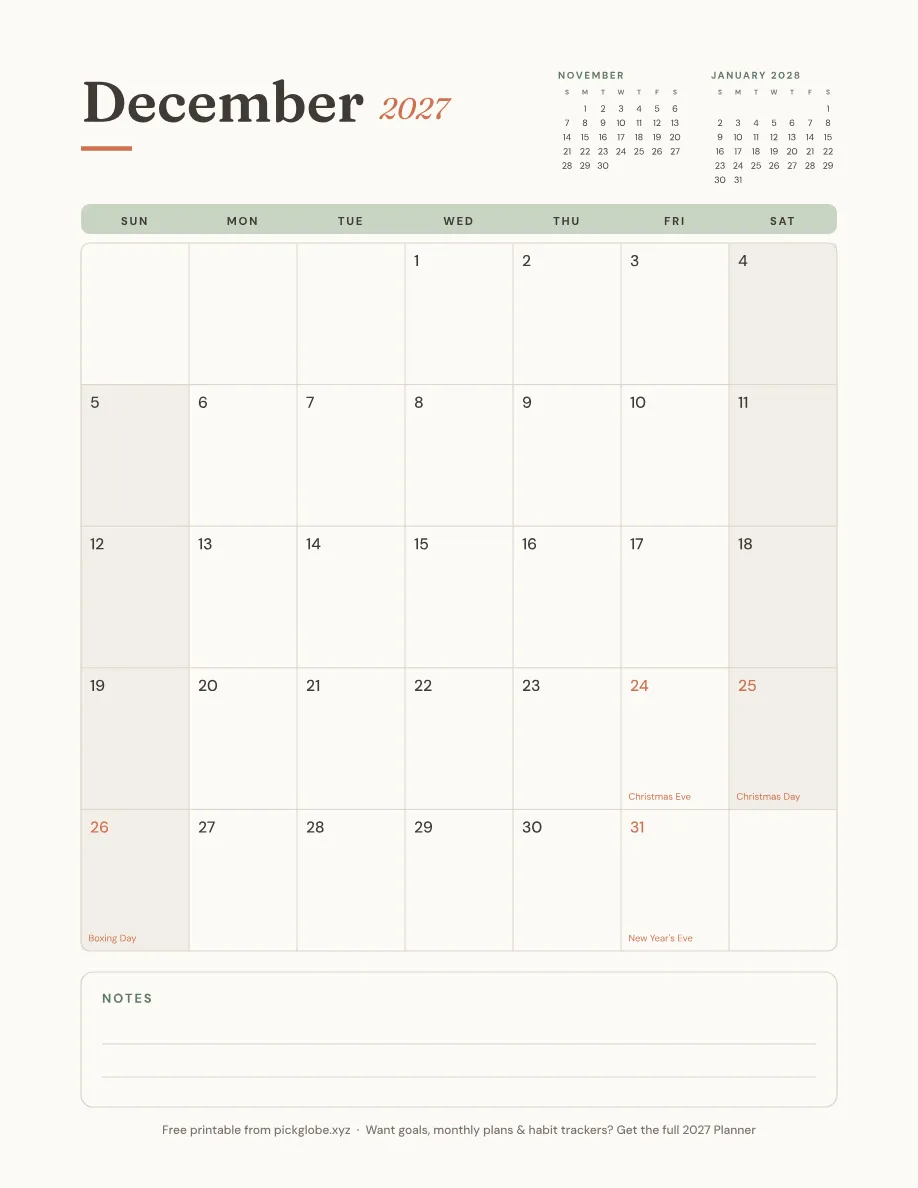 Free printable December 2027 calendar