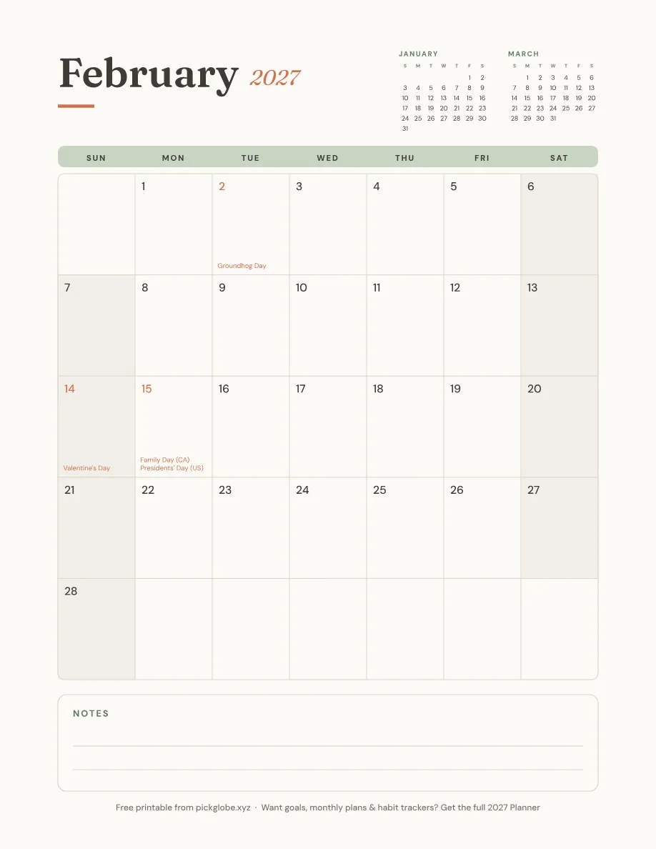 Free printable February 2027 calendar