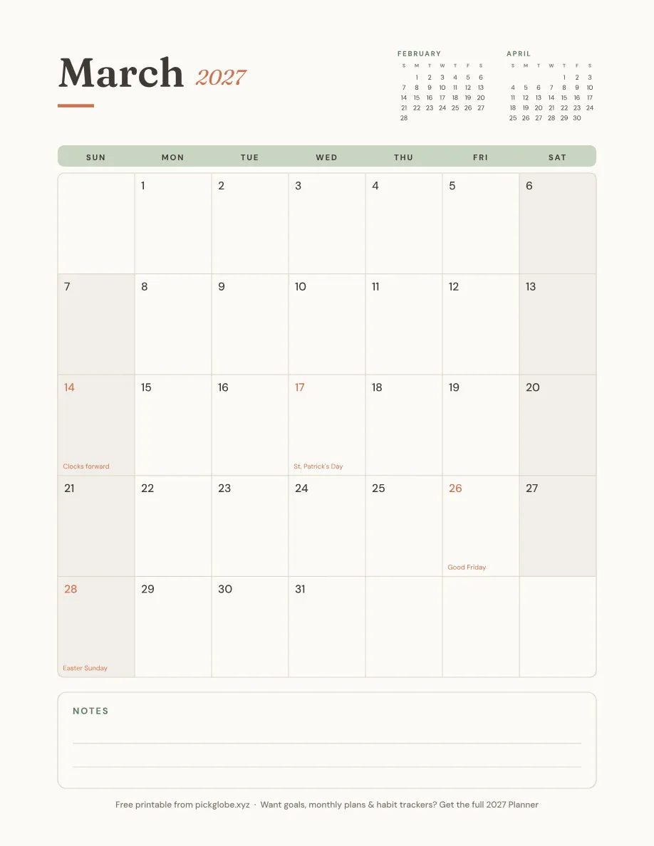 Free printable March 2027 calendar