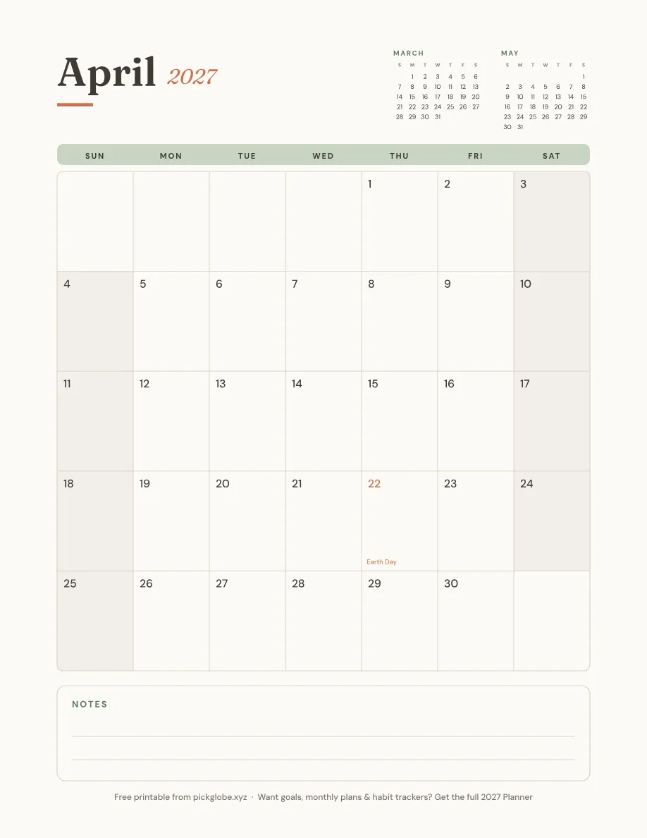 Free printable April 2027 calendar