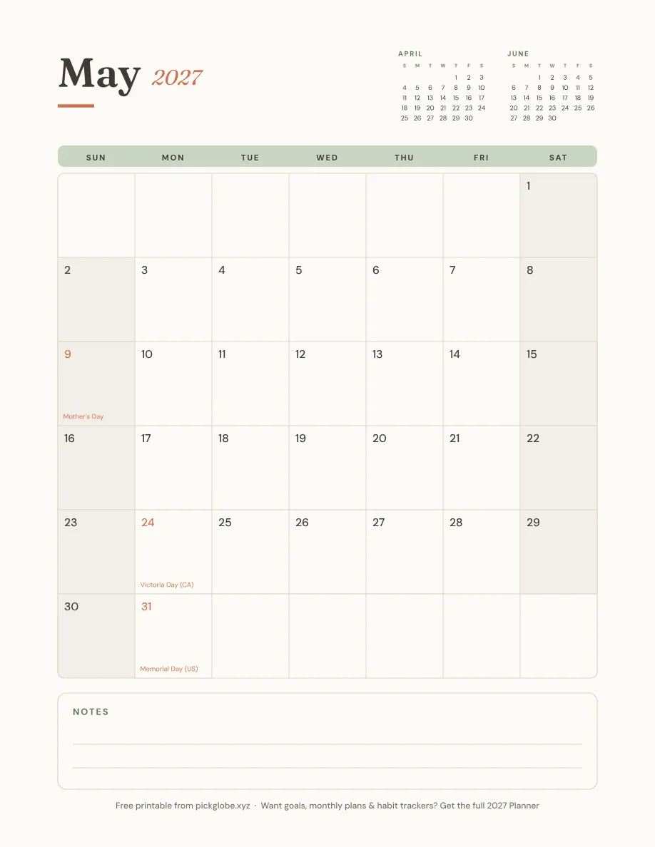 Free printable May 2027 calendar