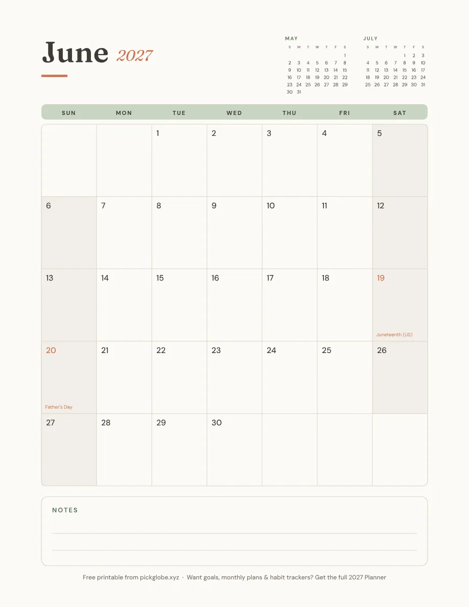 Free printable June 2027 calendar