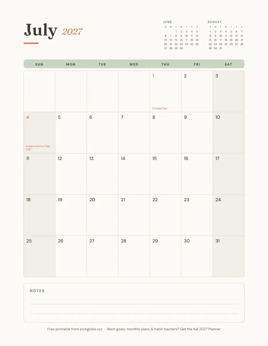 Free printable July 2027 calendar