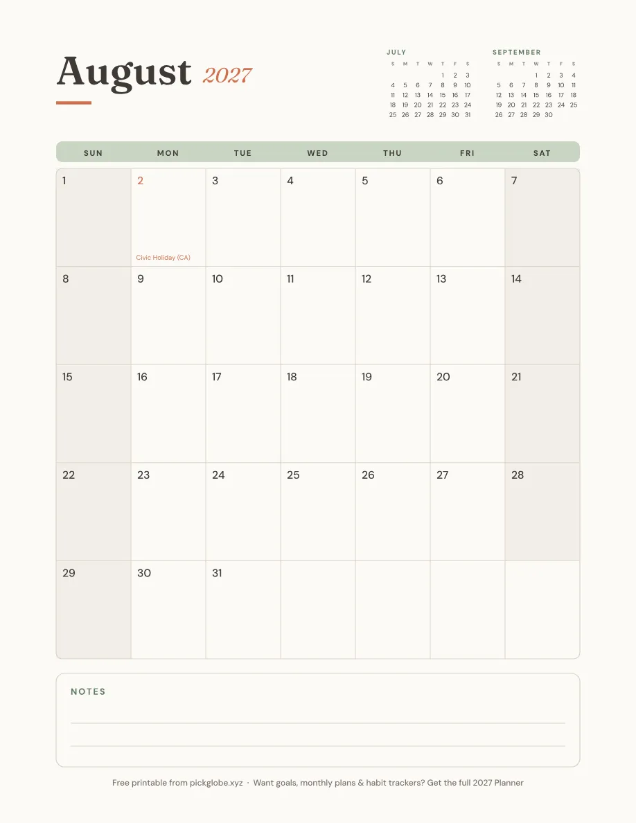 Free printable August 2027 calendar
