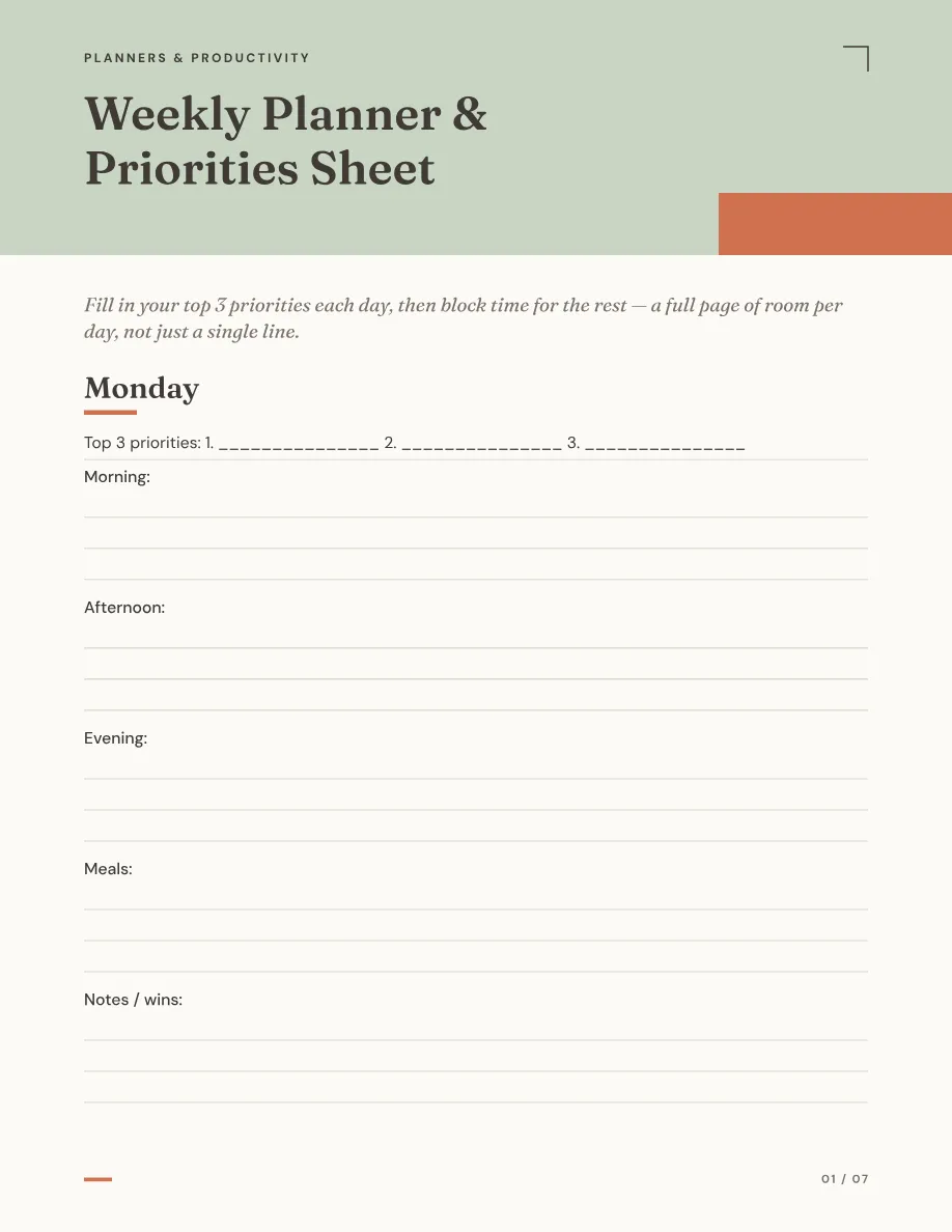 Weekly planner & priorities page